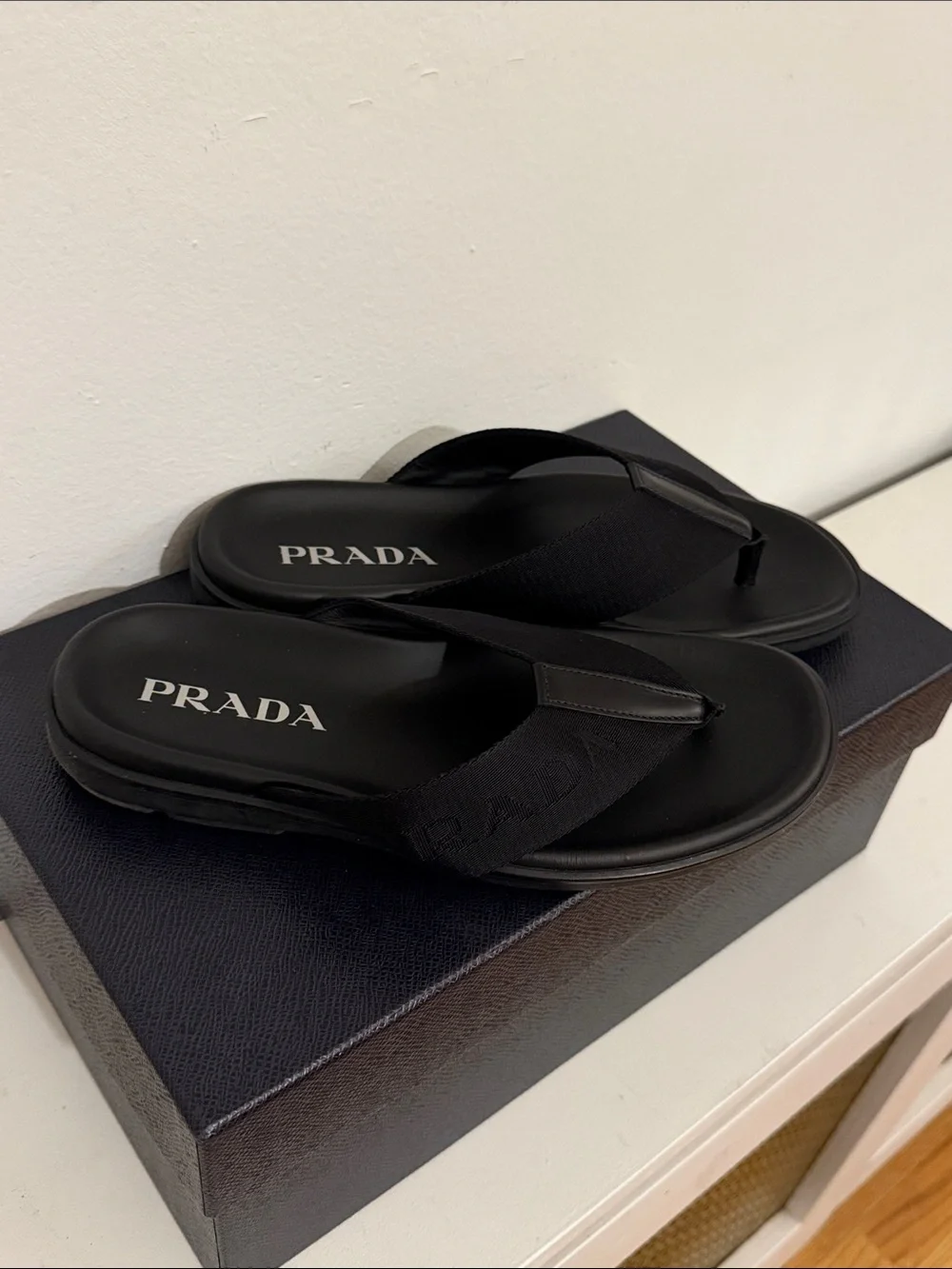 Prada Black Logo Thong Sandals for Men